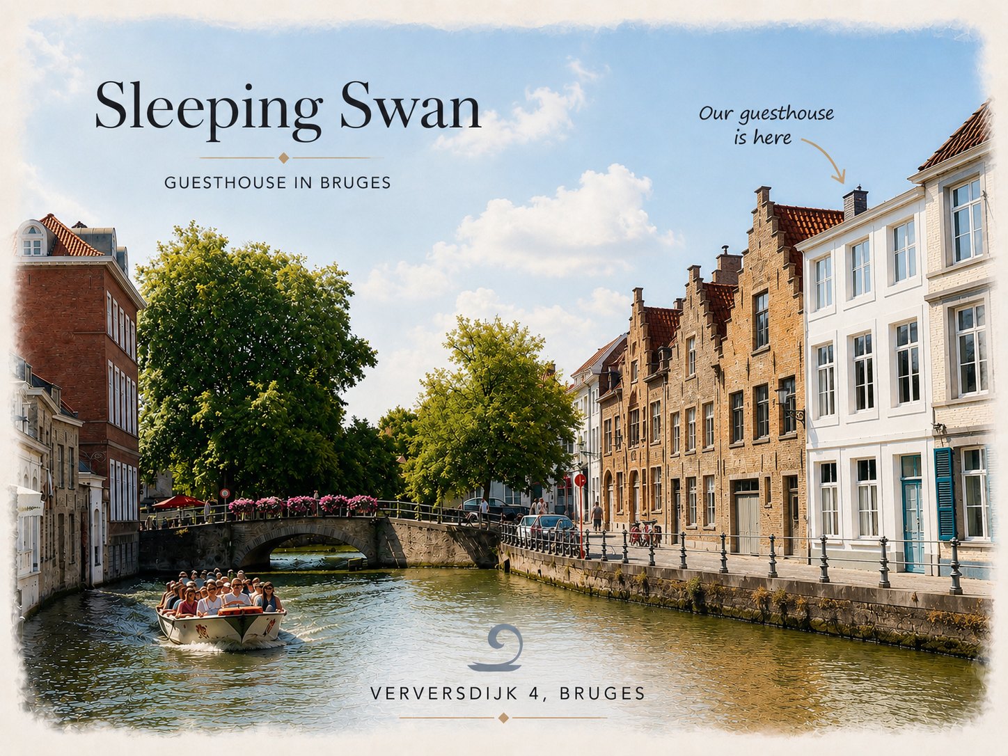 Postcard of the Verversdijk canal in Bruges, with an arrow marking the guesthouse