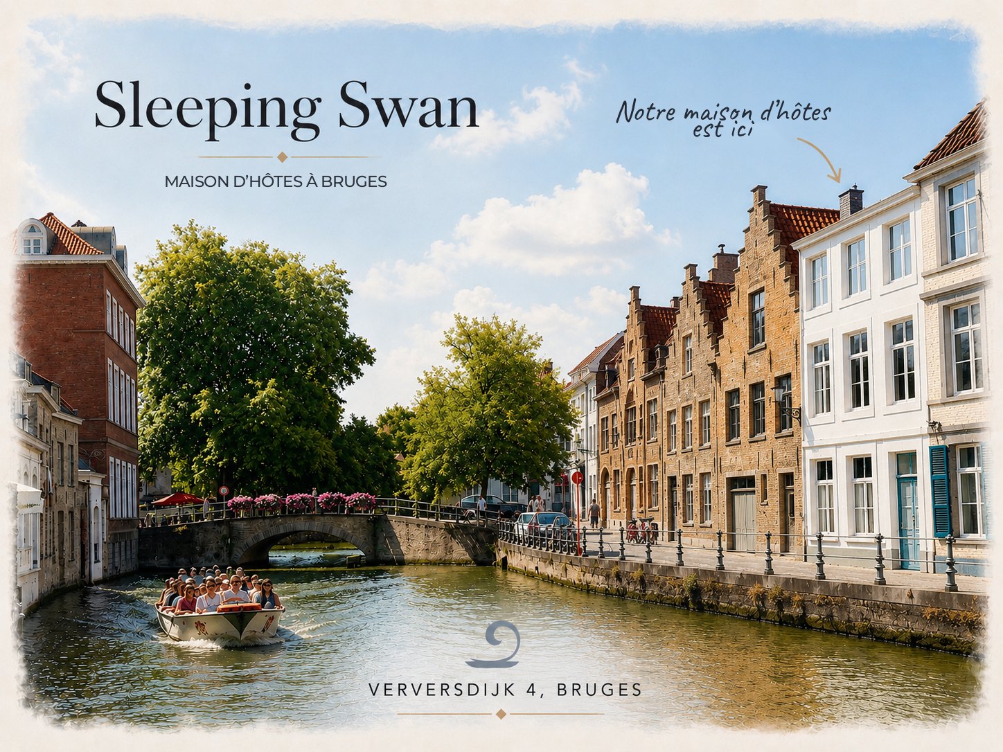 Carte postale du canal Verversdijk à Bruges, avec une flèche indiquant la maison d’hôtes